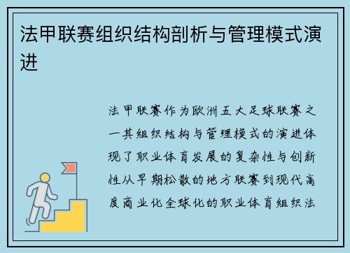 法甲联赛组织结构剖析与管理模式演进